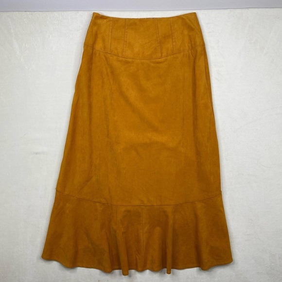 Anthropologie Maeve Orange Flounced Faux Suede Midi Skirt High-low Hem Size 6 - Picture 2 of 12